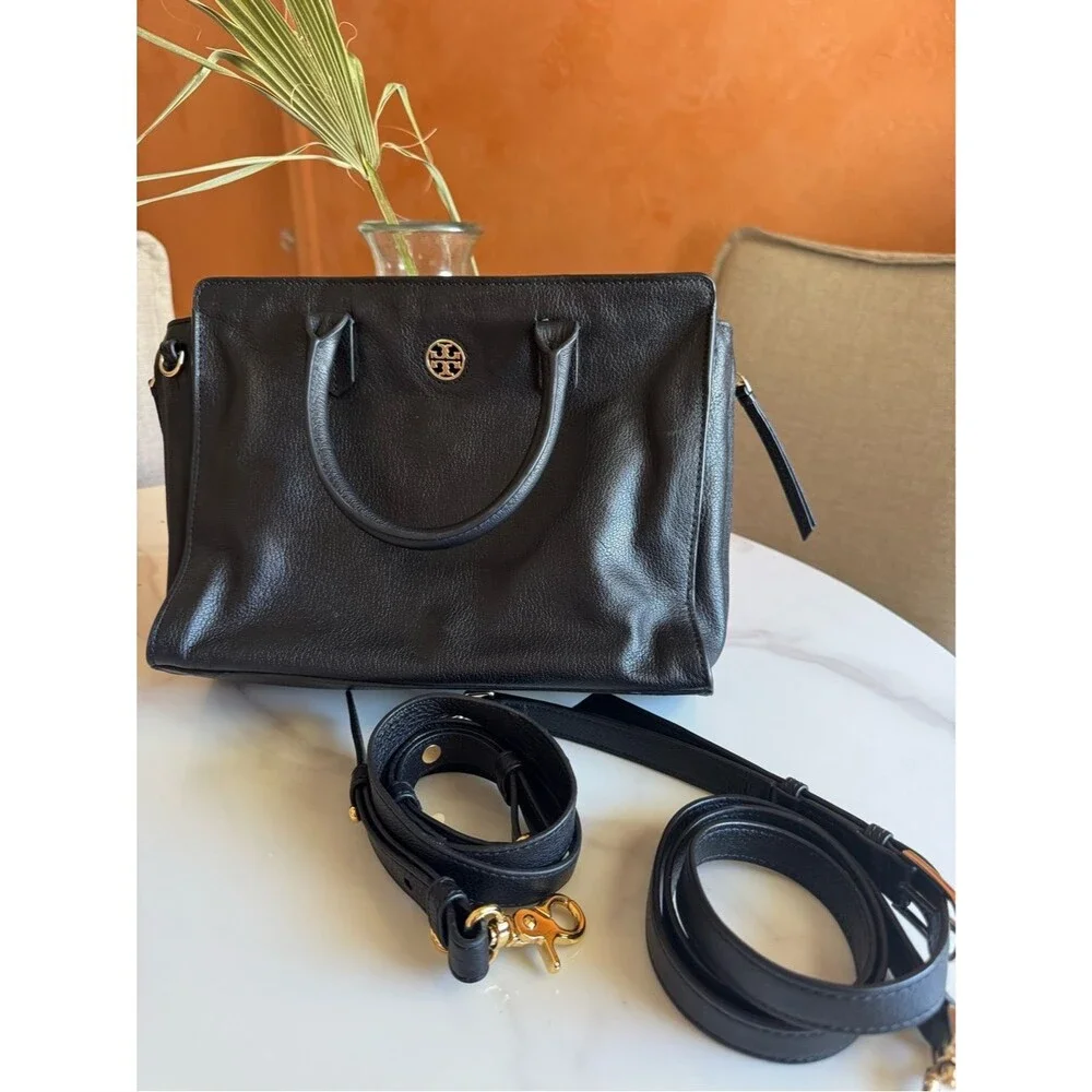 Tory Burch Robinson Pebbled Leather Satchel Black Gold 2 Detachable Straps